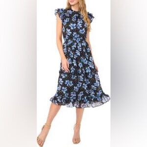 NWT. Cece, Large, Floral flutter sleeve, Blue & Black Women's Dress